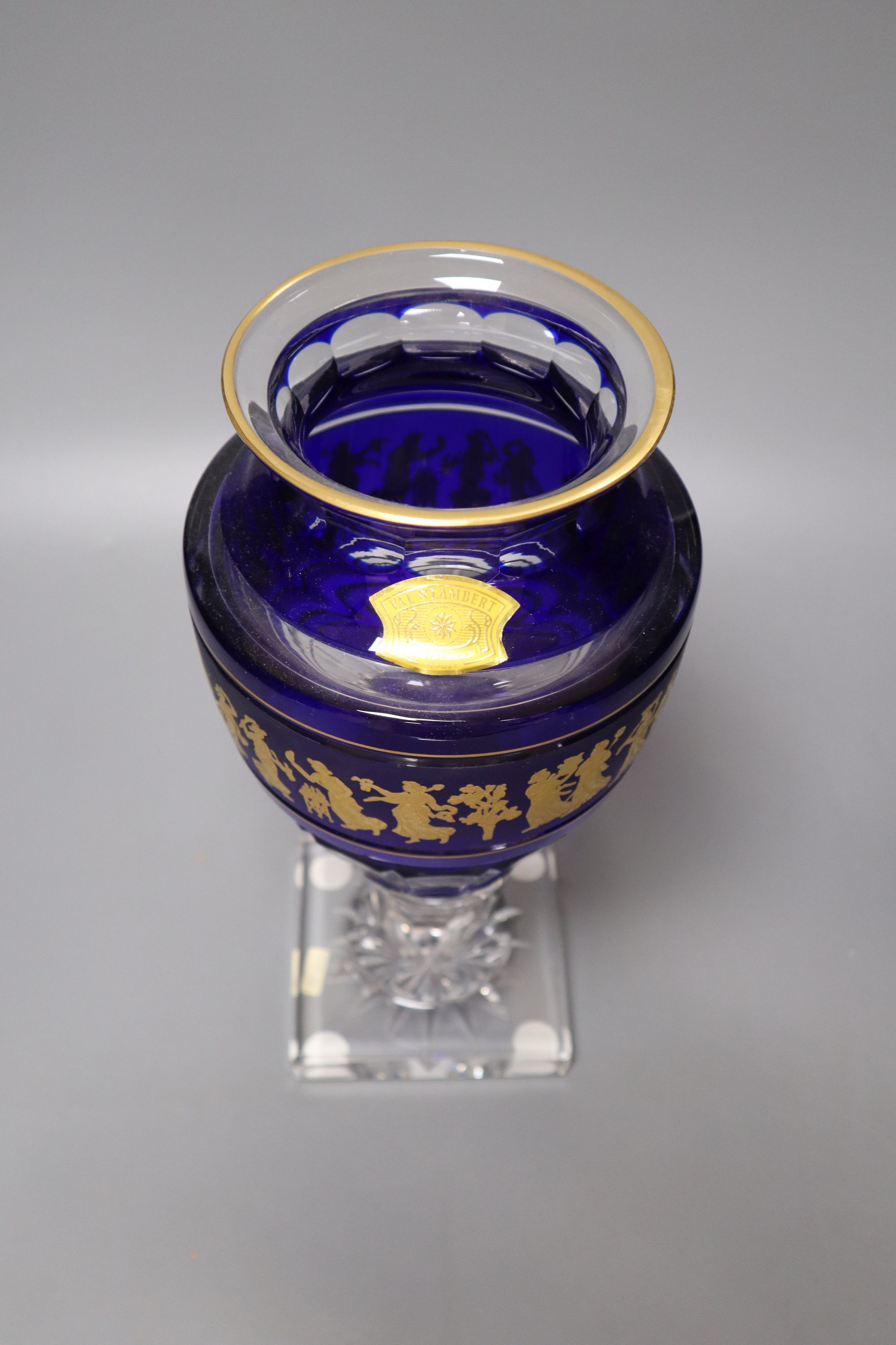 A Val Saint Lambert neoclassical gilt decorated blue and clear crystal pedestal vase, height 31cm